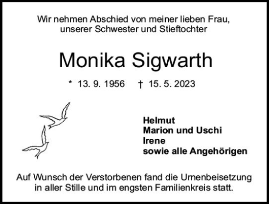 Traueranzeige von Monika Sigwarth von Darmstädter Echo