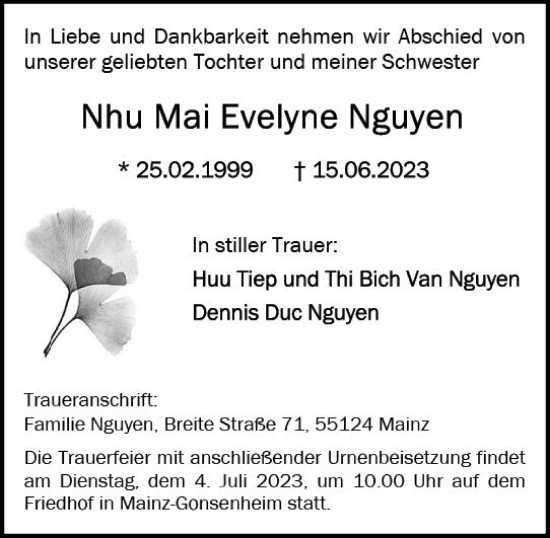 Traueranzeige von Nhu Mai Evelyne Nguyen von Allgemeine Zeitung Mainz