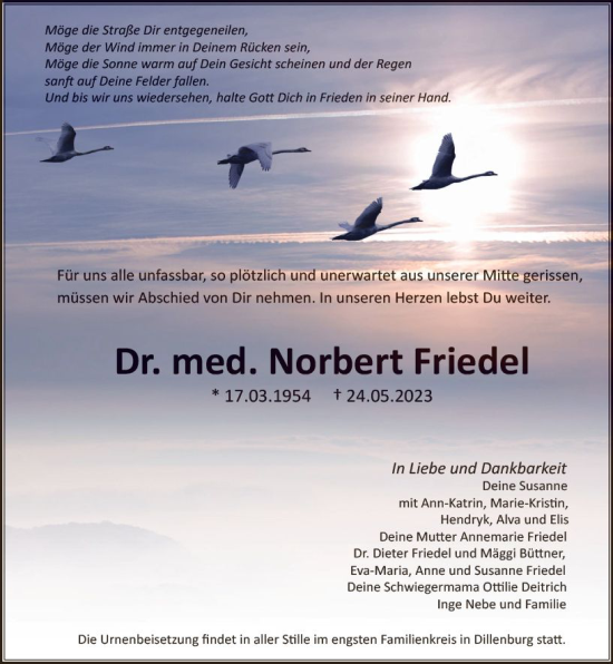 Traueranzeige von Norbert Friedel von Dill Block