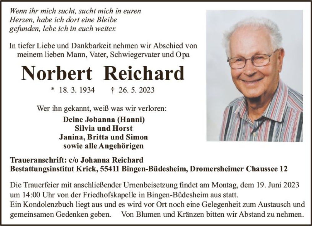  Traueranzeige für Norbert Reithard vom 10.06.2023 aus Allgemeine Zeitung Bingen/Ingelheim