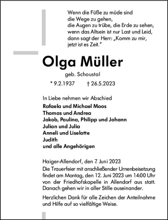 Traueranzeige von Olga Müller von Dill Block