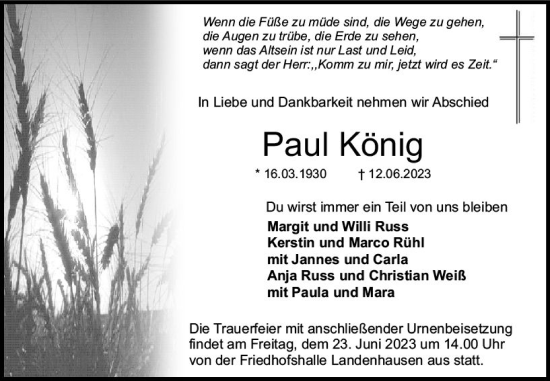 Traueranzeige von Paul König von VRM Trauer