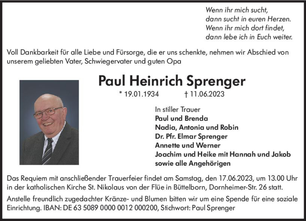  Traueranzeige für Paul Heinrich Sprenger vom 14.06.2023 aus Groß-Gerauer Echo