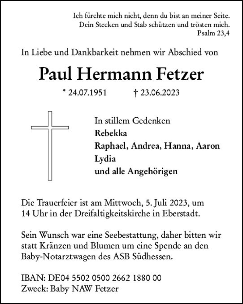  Traueranzeige für Paul Hermann Fetzer vom 01.07.2023 aus Darmstädter Echo