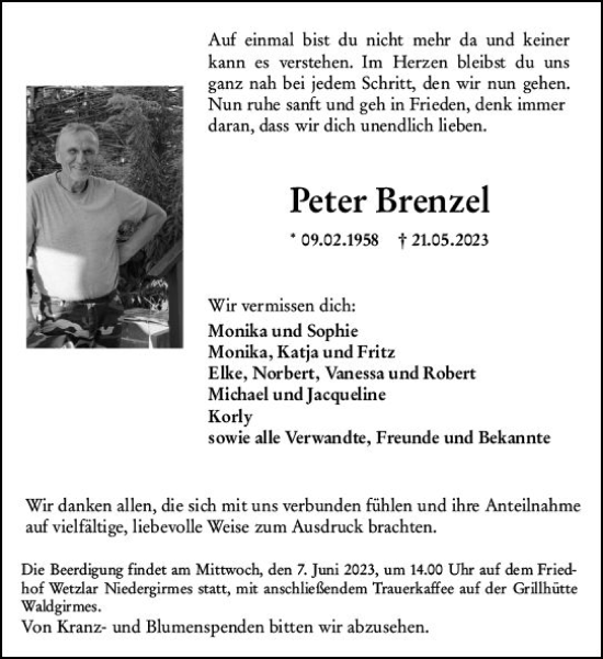 Traueranzeige von Peter Brenzel von Wetzlarer Neue Zeitung