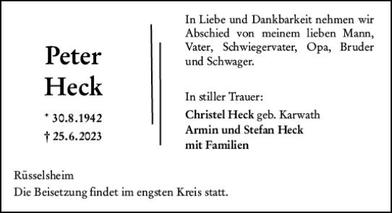 Traueranzeige von Peter Heck von Rüsselsheimer Echo