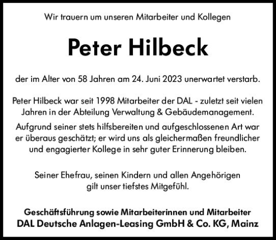 Traueranzeige von Peter Hilbeck von Allgemeine Zeitung Mainz