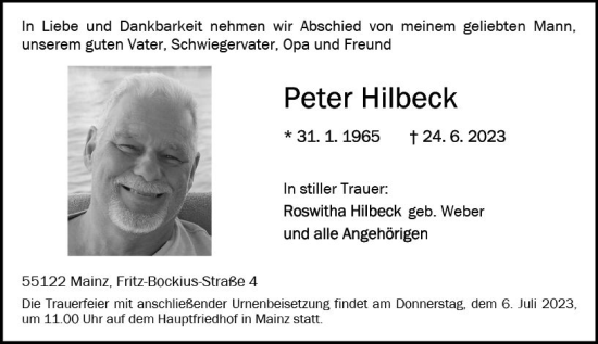 Traueranzeige von Peter Hilbeck von Allgemeine Zeitung Mainz