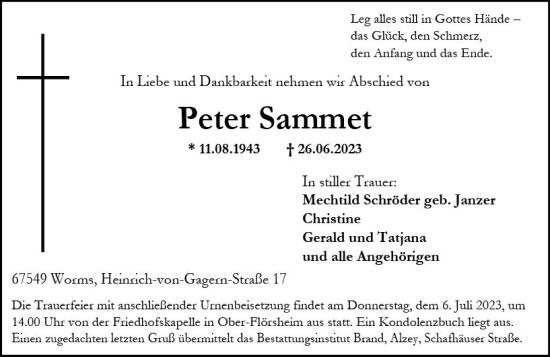 Traueranzeige von Peter Sammet von Allgemeine Zeitung Alzey