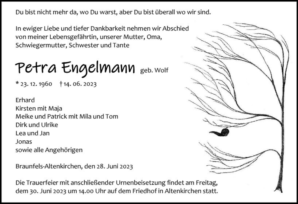  Traueranzeige für Petra Engelmann vom 28.06.2023 aus Wetzlarer Neue Zeitung