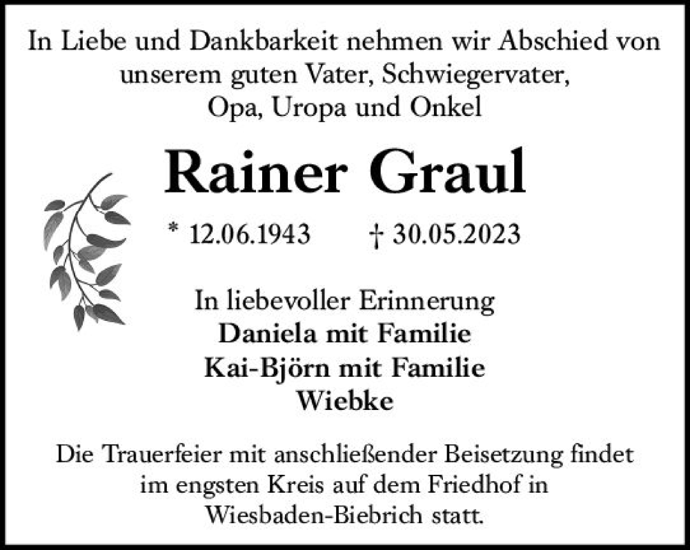  Traueranzeige für Rainer Graul vom 10.06.2023 aus Wiesbadener Kurier