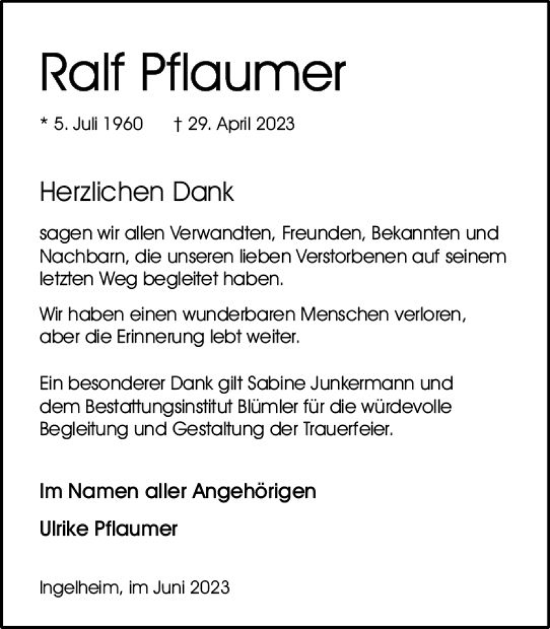 Traueranzeige von Ralf Pflaumer von Allgemeine Zeitung Bingen/Ingelheim