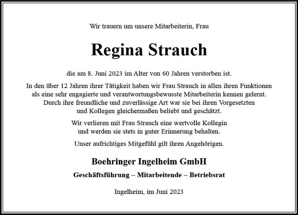  Traueranzeige für Regina Strauch vom 29.06.2023 aus Allgemeine Zeitung Mainz