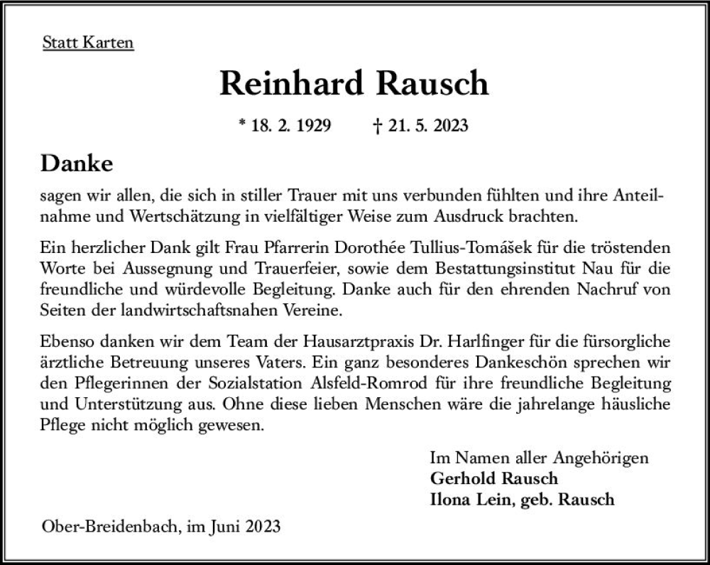  Traueranzeige für Reinhard Rausch vom 24.06.2023 aus Oberhessen Kurier