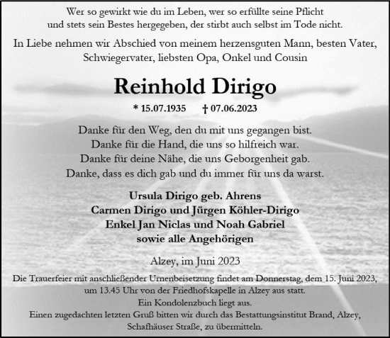 Traueranzeige von Reinhold Dirigo von Allgemeine Zeitung Alzey