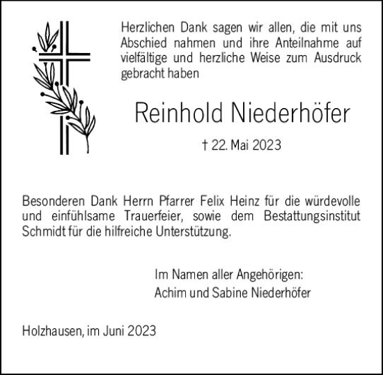 Traueranzeige von Reinhold Niederhöfer von Hinterländer Anzeiger