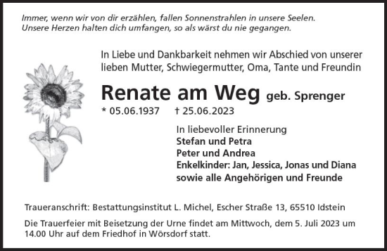 Traueranzeige von Renate am Weg von Idsteiner Land/Untertaunus