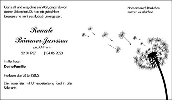 Traueranzeige von Renate Bäumer-Janssen von Dill Block