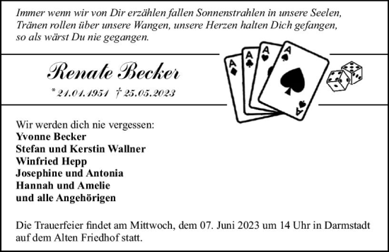 Traueranzeige von Renate Becker von Darmstädter Echo