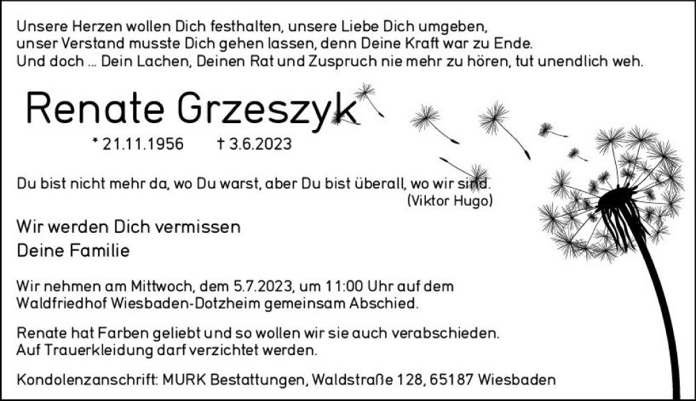  Traueranzeige für Renate Grizeszyk vom 24.06.2023 aus Wiesbadener Kurier