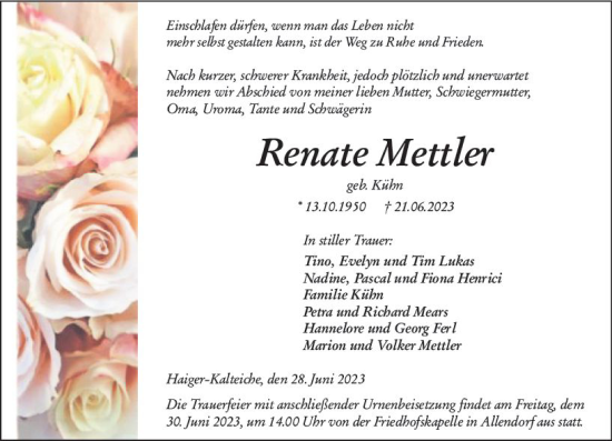 Traueranzeige von Renate Mettler von Dill Block