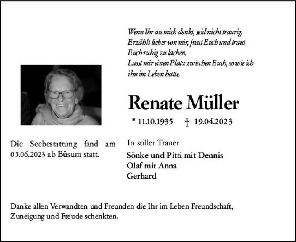  Traueranzeige für Renate Müller vom 10.06.2023 aus Darmstädter Echo