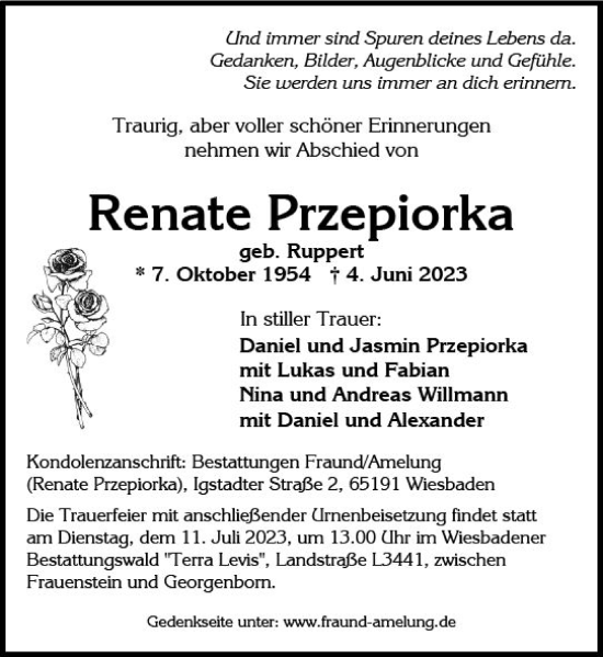 Traueranzeige von Renate Przepiorka von Wiesbadener Kurier