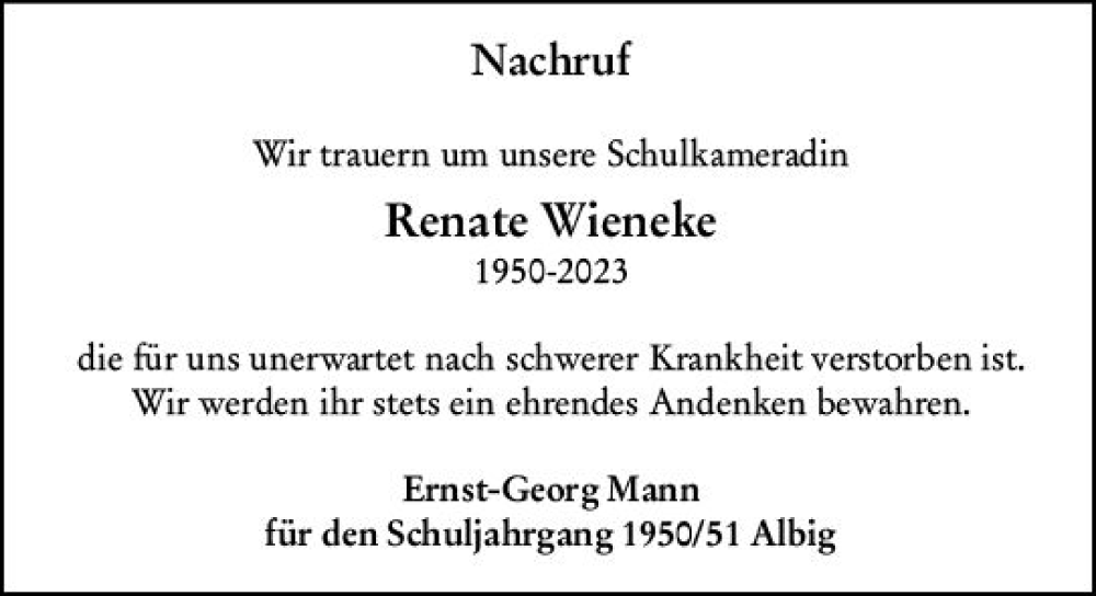  Traueranzeige für Renate Wieneke vom 03.06.2023 aus Allgemeine Zeitung Alzey