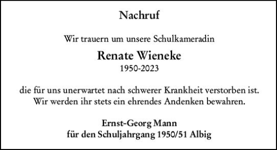Traueranzeige von Renate Wieneke von Allgemeine Zeitung Alzey