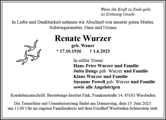 Traueranzeige von Renate Wurzer von Wiesbadener Kurier
