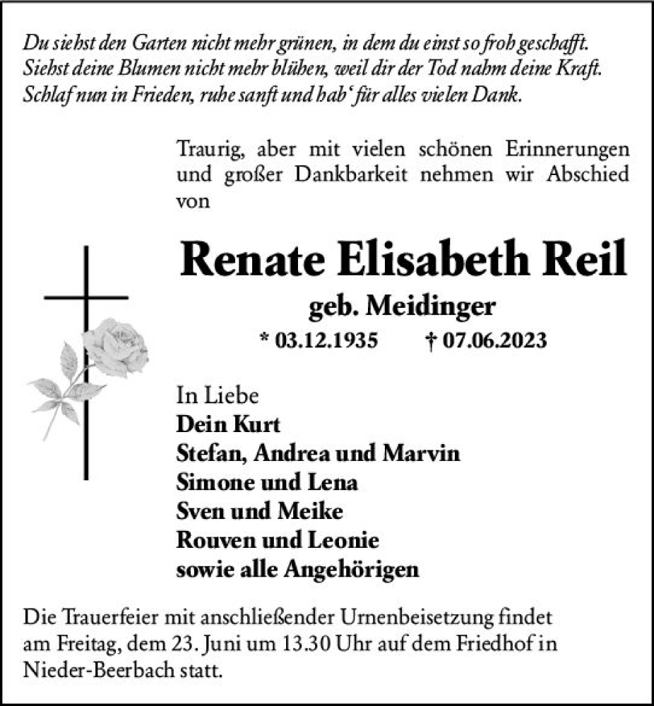  Traueranzeige für Renate Elisabeth Reil vom 17.06.2023 aus Darmstädter Echo