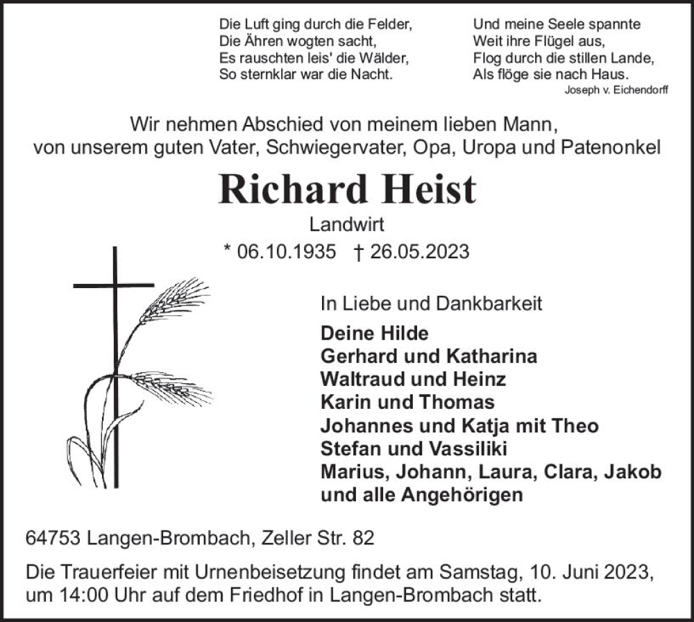  Traueranzeige für Richard Heist vom 03.06.2023 aus Odenwälder Echo