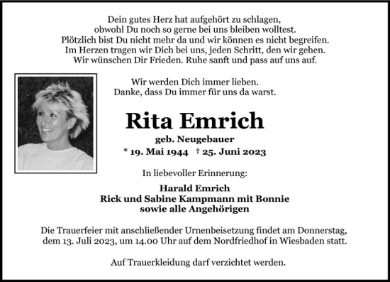 Traueranzeige von Rita Emrich von Wiesbadener Kurier