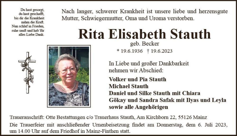 Traueranzeige für Rita Elisabeth Stauth vom 01.07.2023 aus Allgemeine Zeitung Mainz