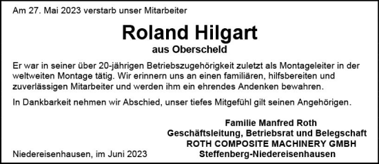 Traueranzeige von Roland Hilgart von Hinterländer Anzeiger