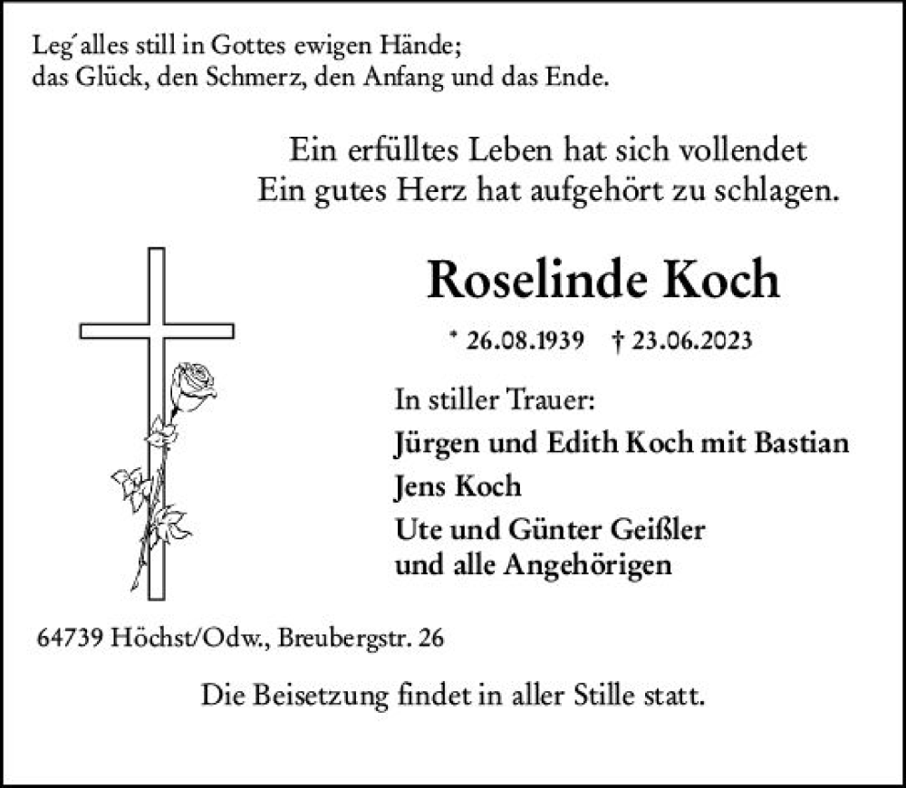  Traueranzeige für Roselinde Koch vom 01.07.2023 aus Odenwälder Echo