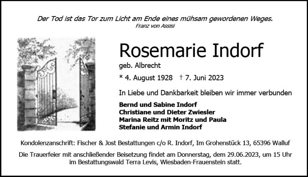  Traueranzeige für Rosemarie Indorf vom 17.06.2023 aus Wiesbadener Kurier