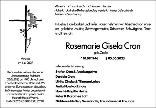 Traueranzeige von Rosemarie Gisela Cron von Wormser Zeitung