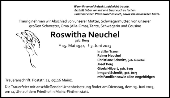 Traueranzeige von Roswitha Neuchel von Allgemeine Zeitung Mainz