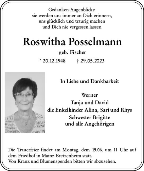 Traueranzeige von Roswitha Posselmann von Allgemeine Zeitung Mainz
