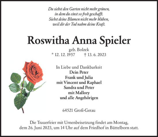 Traueranzeige von Roswitha Anna Spieler von Groß-Gerauer Echo