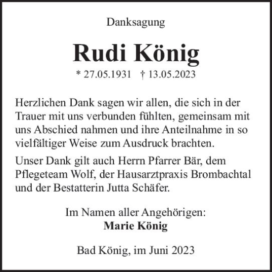 Traueranzeige von Rudi König von Odenwälder Echo