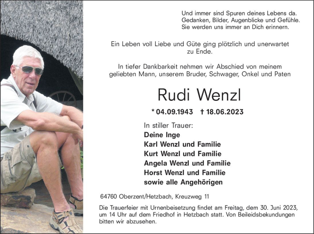  Traueranzeige für Rudi Wenzl vom 24.06.2023 aus Odenwälder Echo
