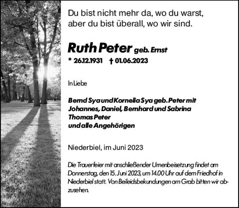  Traueranzeige für Ruth Peter vom 12.06.2023 aus Dill Block