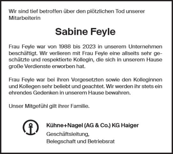 Traueranzeige von Sabine Feyle von Dill Block