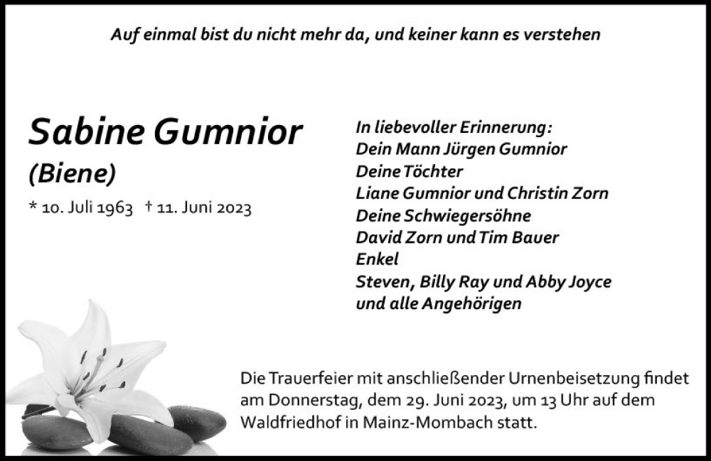  Traueranzeige für Sabine Gumnior vom 24.06.2023 aus Allgemeine Zeitung Mainz