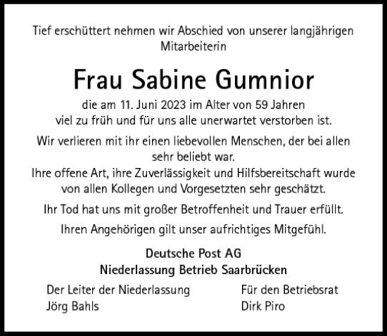 Traueranzeige von Sabine Gumnior von Allgemeine Zeitung Mainz