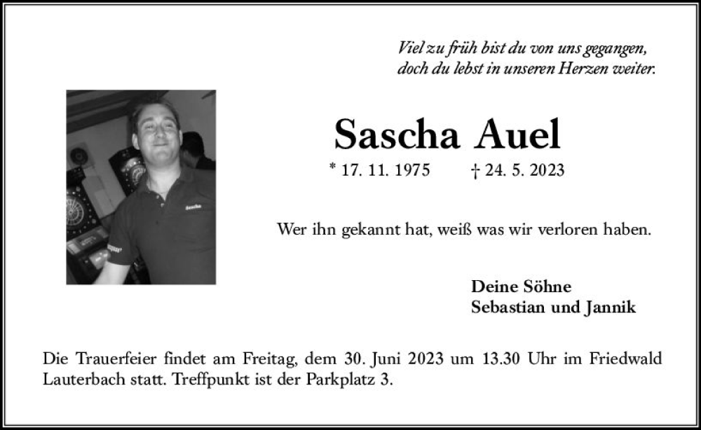  Traueranzeige für Sascha Auel vom 27.06.2023 aus VRM Trauer
