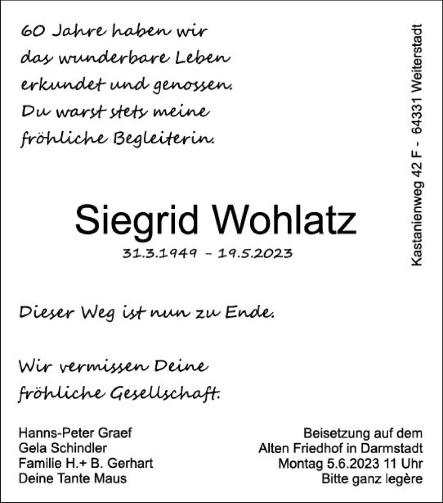  Traueranzeige für Siegrid Wohlatz vom 03.06.2023 aus Darmstädter Echo