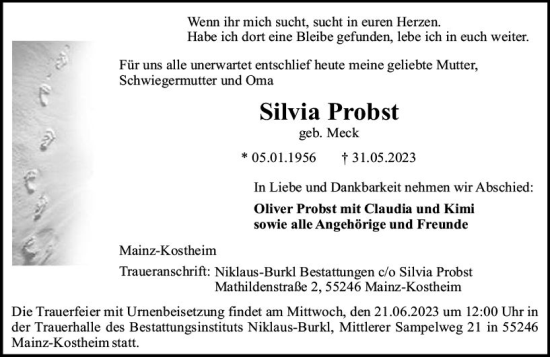 Traueranzeige von Silvia Probst von Allgemeine Zeitung Mainz
